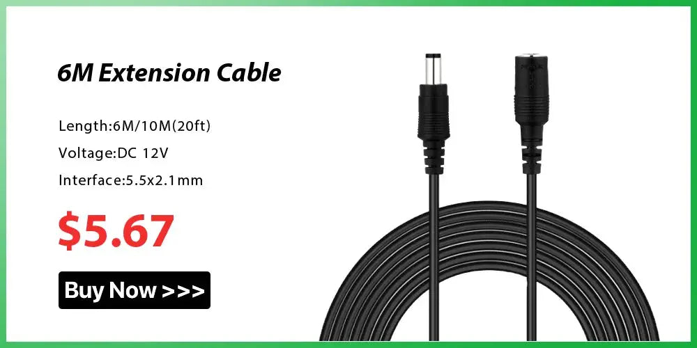 6M extension cable, black coil with male and female DC barrel connectors.