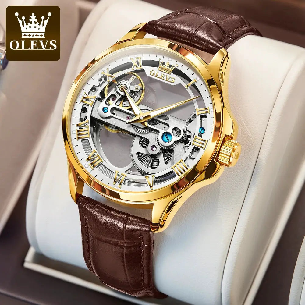 OLEVS skeleton automatic men's watch with gold-tone case, brown leather strap and Roman numeral dial