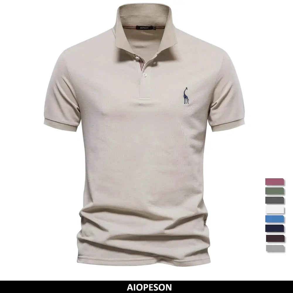 AIOPESON men's beige cotton polo shirt with short sleeves and blue logo embroidery.