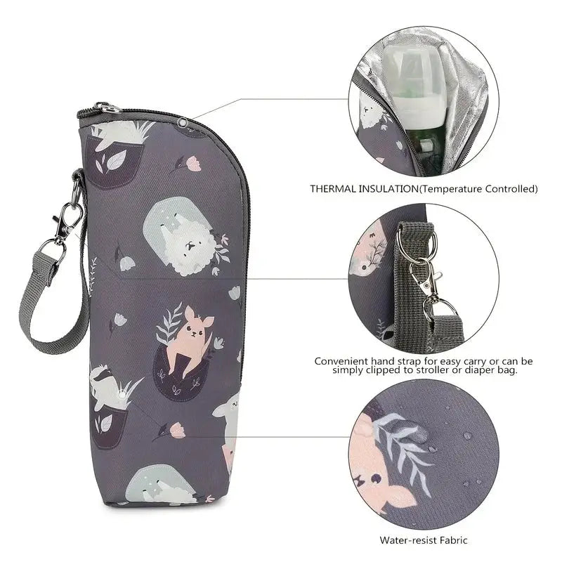 Cute Animal Print Insulated Bottle Bag and Portable Zippered Diaper Bag for Travel and Daily Use