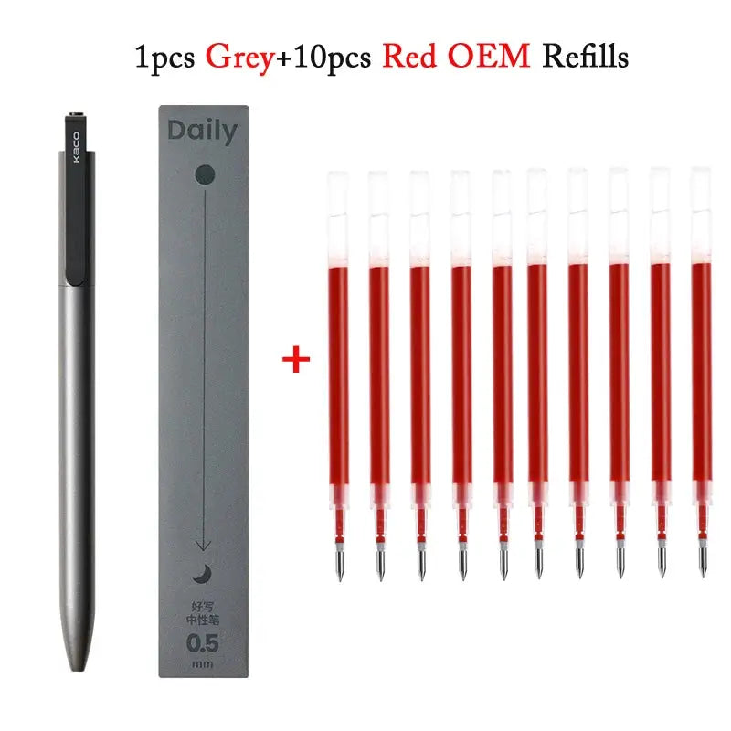 KACO gel pen with metal clip, black body; 0.5mm ink, plus grey box and 10 red OEM refills