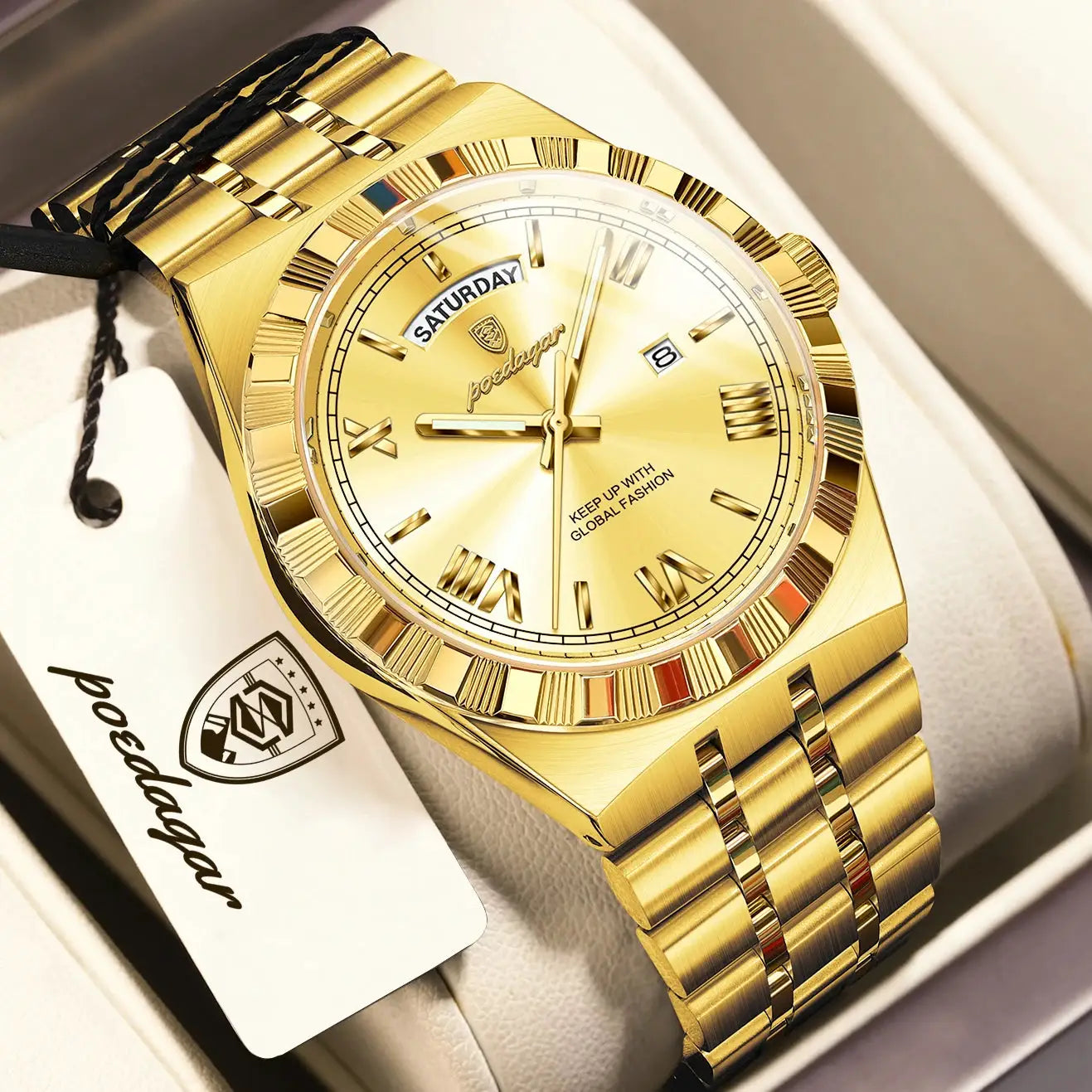 Poedagar men's gold-tone stainless steel wristwatch with day-date display
