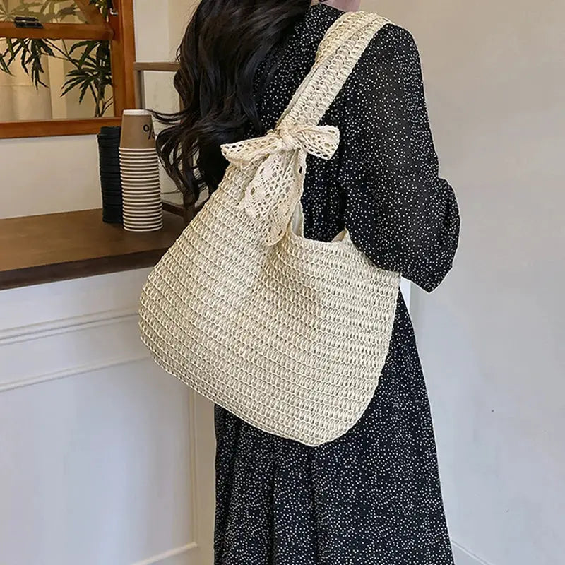 Rattan women shoulder bag, cream woven straw tote with bow-tie strap, large-capacity casual beach purse