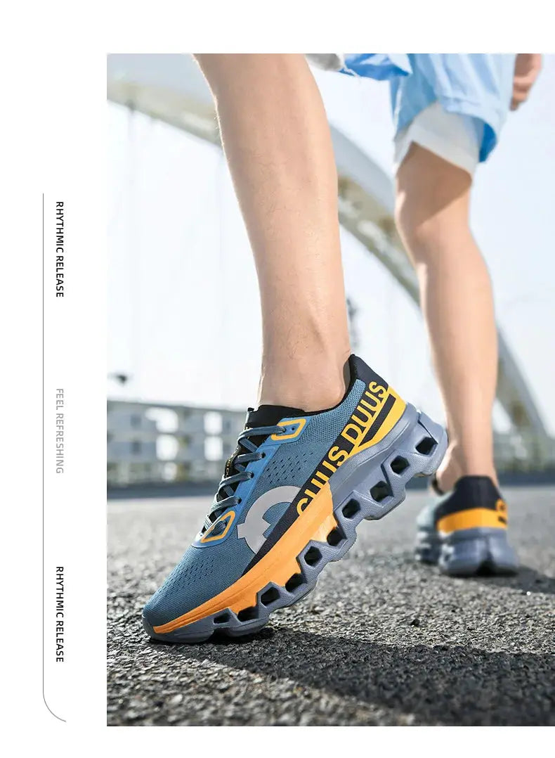 Men's running shoes by Simples Market, blue breathable mesh with orange sole and rugged outsole (two shoes shown)