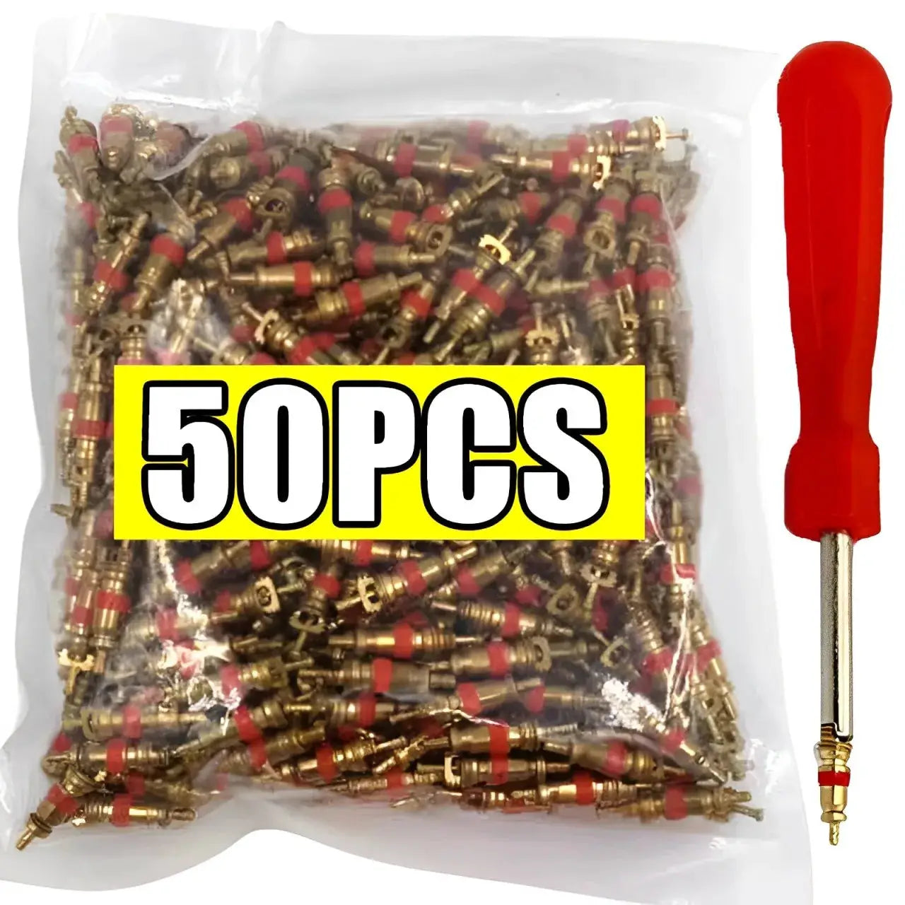 Copper tire valve core removal tools kit by Simples Market, 50 pcs brass valve cores with red seals; red screwdriver