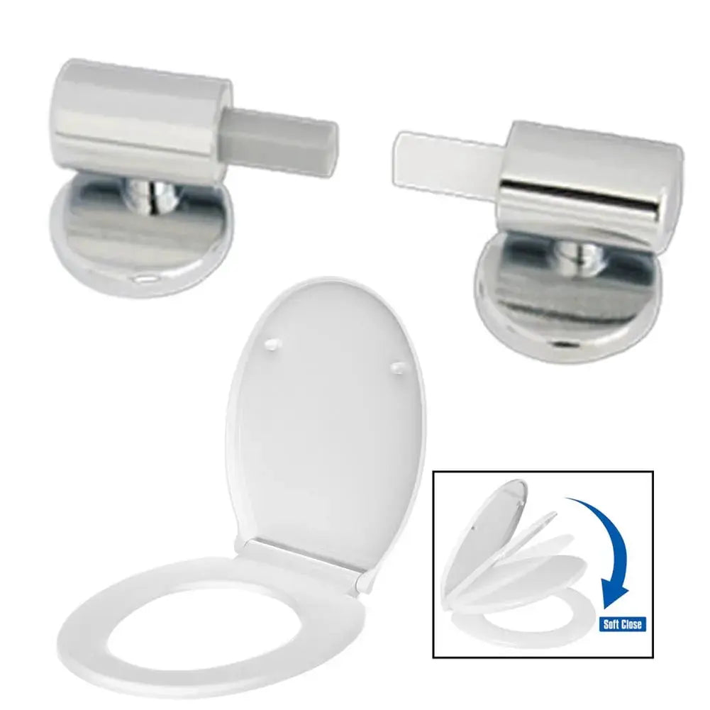 Toilet seat hinge replacement set with chrome soft-close hinges and white lid, by Simples Market.