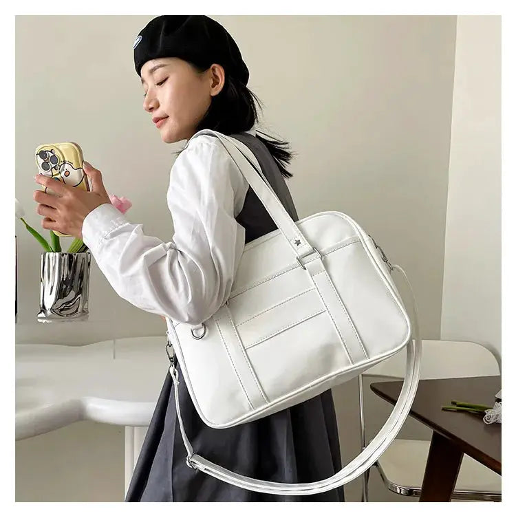 Japanese Style JK bag for women in white PU leather with top handles and detachable crossbody strap