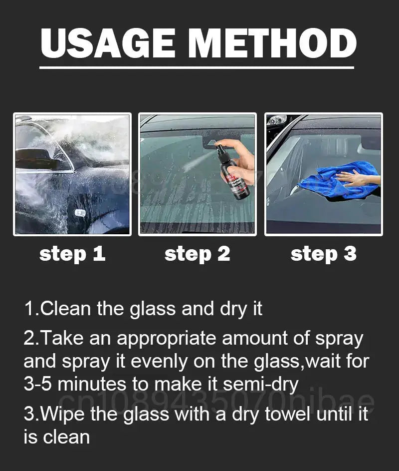 Car glass anti-rain spray by Simples Market; hydrophobic coating, 3-step usage images