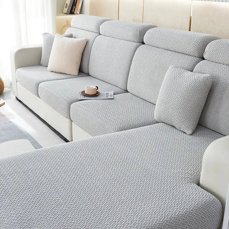 Sofa seat cushion cover set in light gray jacquard; stretchable slipcover for sectional sofa