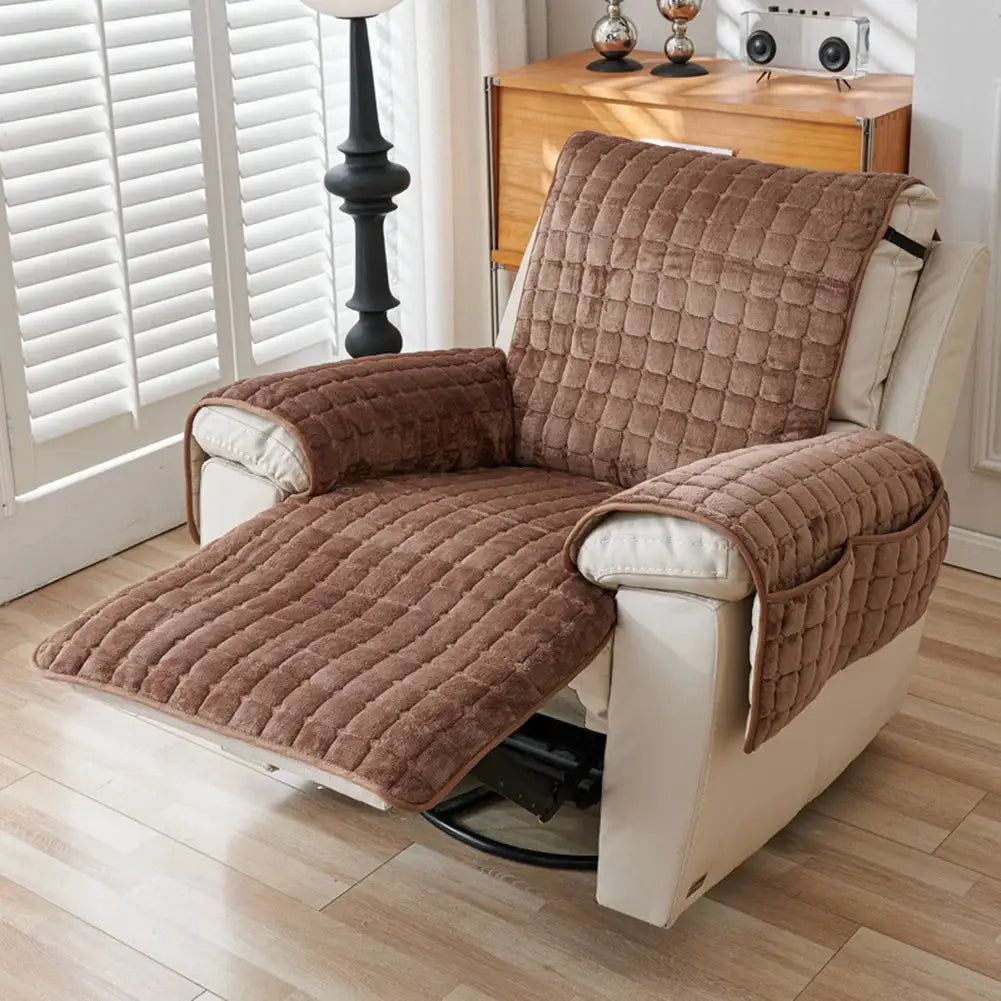 Recliner chair protector cover by Simples Market in brown plush quilted fabric.