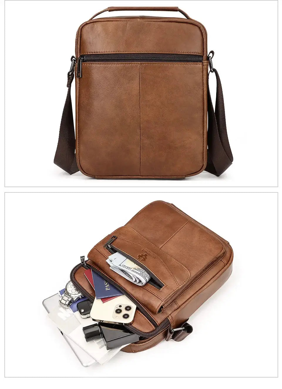 HUMERPAUL genuine leather small messenger bag for men in brown with crossbody strap and front zip pocket.