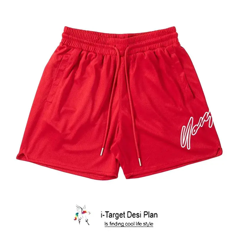 Red Trend men's mesh beach shorts with quick-dry fabric, drawstring waist, and side logo.