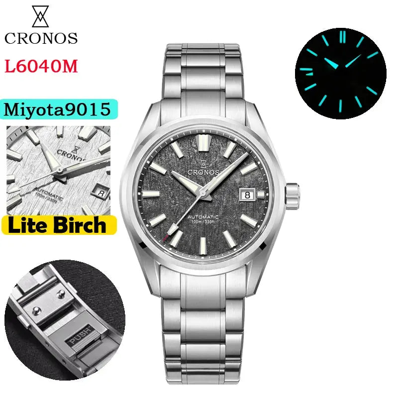 Cronos men’s watch 39mm automatic Miyota 9015, white birch dial, stainless steel bracelet, sapphire crystal, L6040M