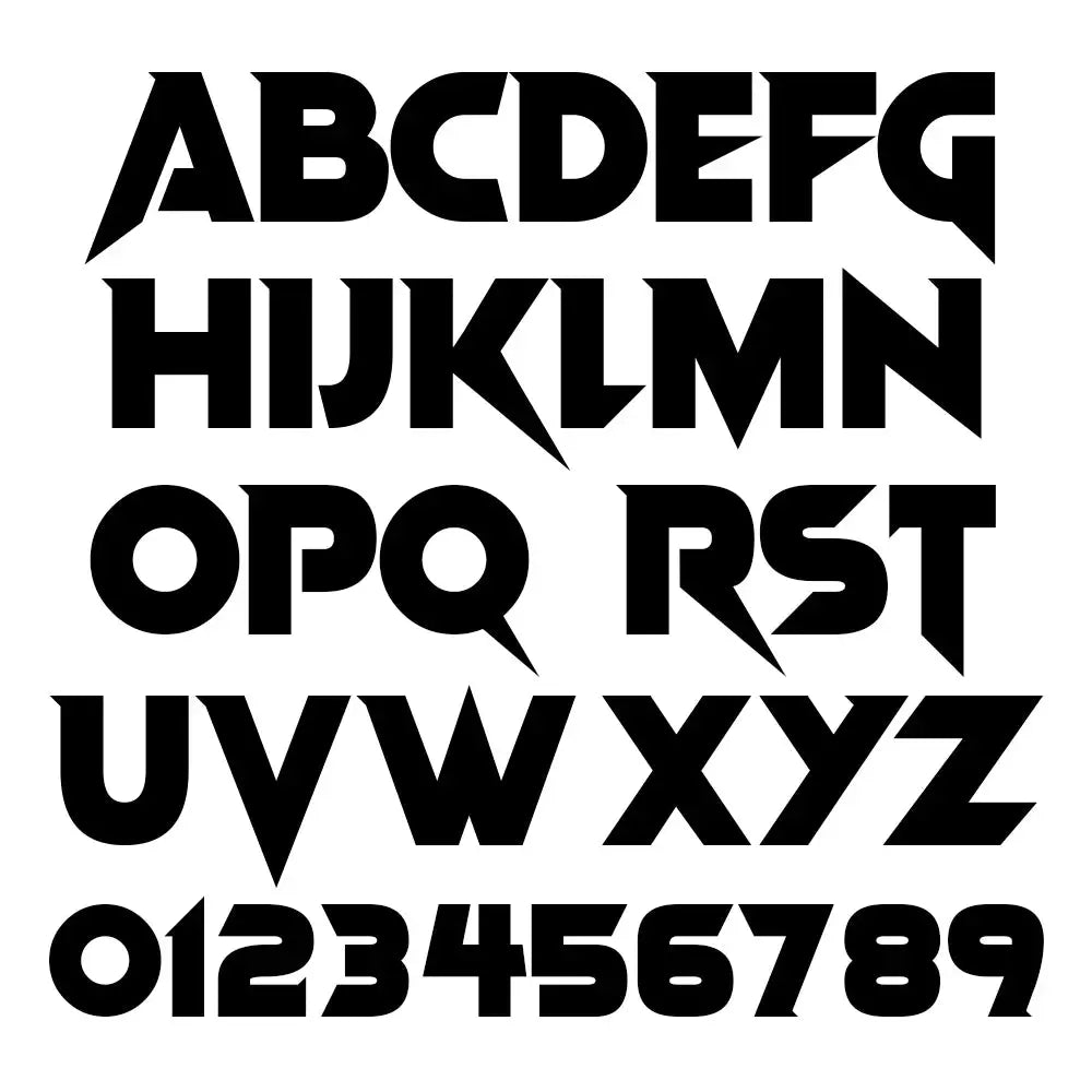 Typography font sample: bold punk stencil alphabet A–Z and digits 0–9 in black on white