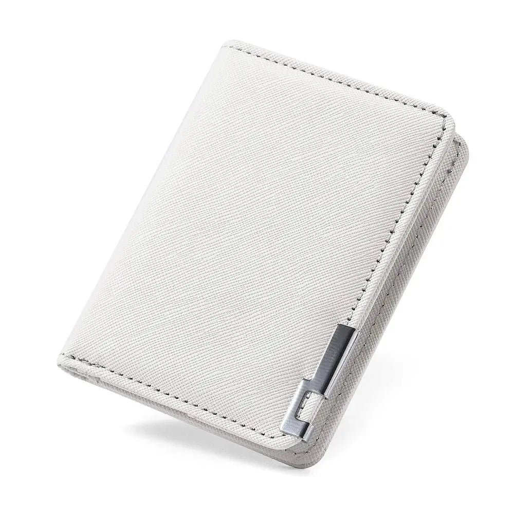 Small slim wallet in light gray faux leather with multiple card slots and license holder