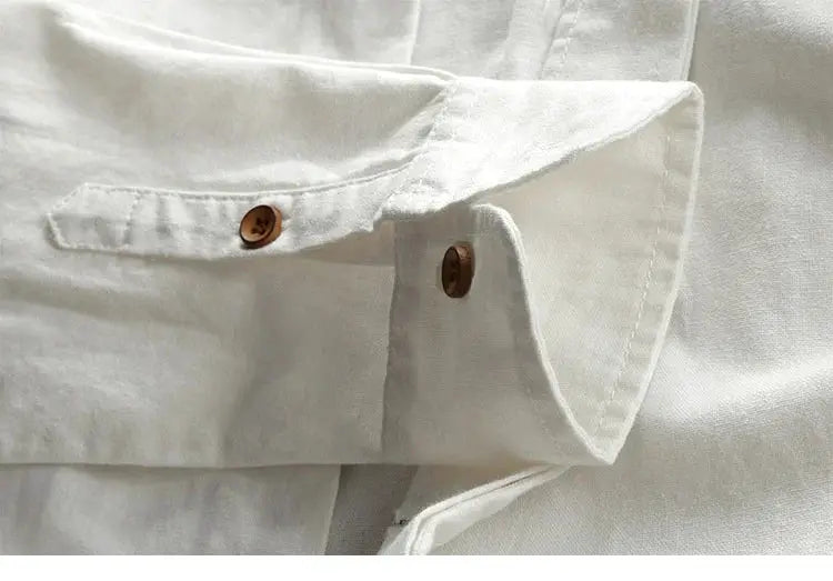Men's linen-cotton shirt with stand collar, white, long sleeves, slim fit, breathable casual top
