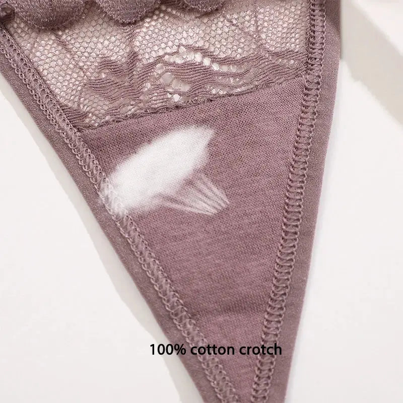 Lace thong underwear set, 6-piece, mauve color with 100% cotton crotch, low-rise