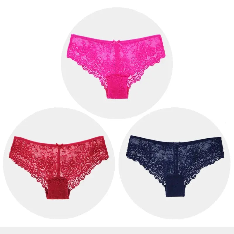 Simples Market women's lace briefs set, low-rise hollow-out panties in pink, red and navy (3pcs)