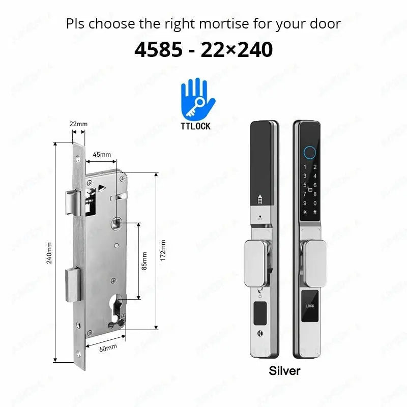 Smart sliding door lock by Simples Market; silver aluminum, TTLock app compatible