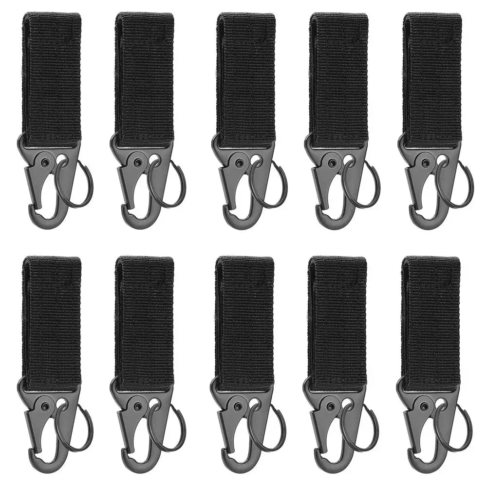 Carabiner key hook set, black nylon webbing with gray metal clips, MOLLE compatible, 10-pack