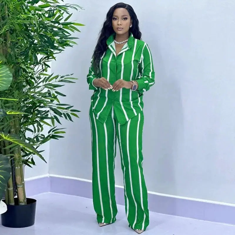 African Stripe Two Piece Set Women Spring Button Top Wide Leg Pants