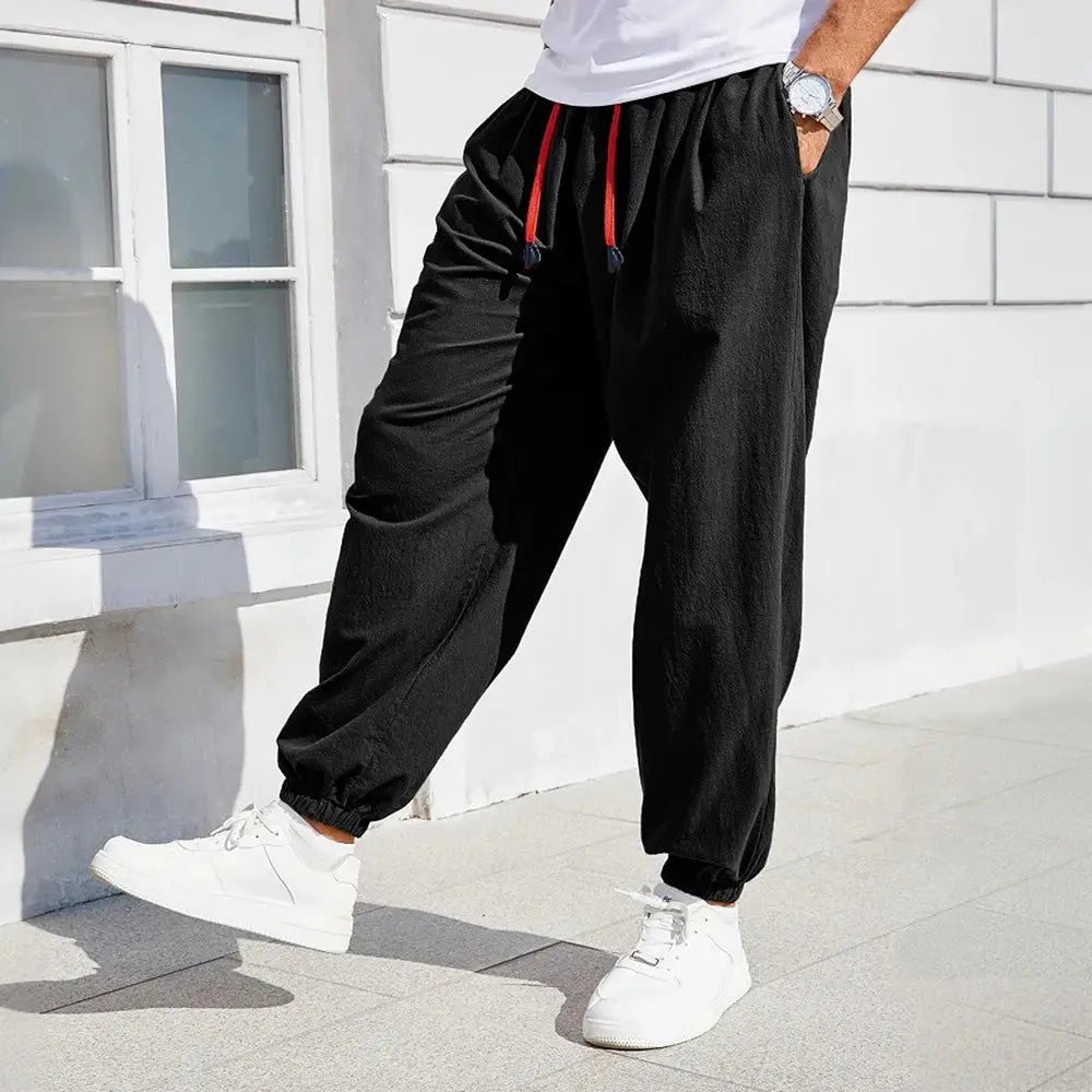 Men's harem pants, black cotton-linen joggers with red drawstrings, loose-fit casual trousers