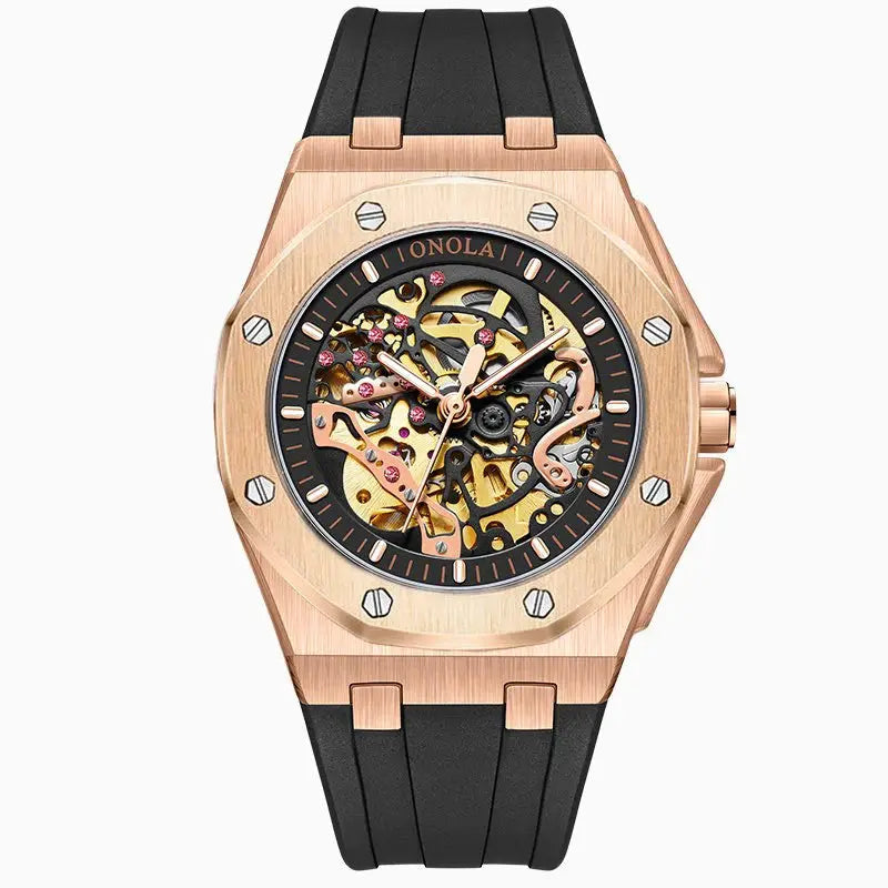 ONOLA skeleton watch with rose-gold case and black rubber strap, men's automatic mechanical wristwatch