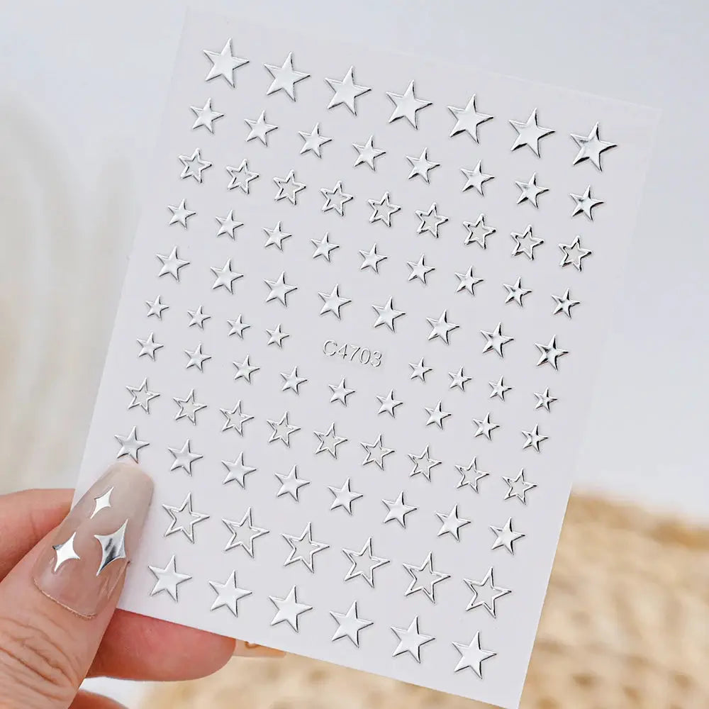 Nail sticker sheets: 6 silver star metallic 3D decals, self-adhesive for nail art