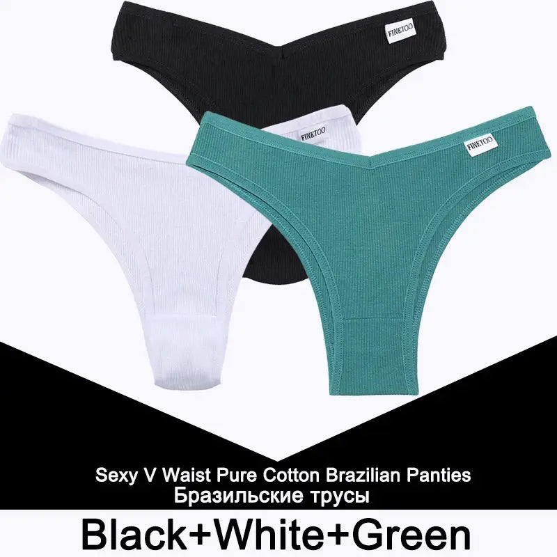 Finetoo 3-pack cotton women's thong underwear set, low-rise, black white teal