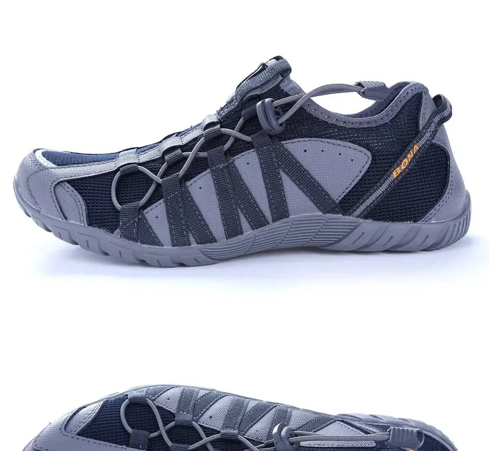 BONA men's gray mesh running shoes with lace-up design for outdoor walking and jogging