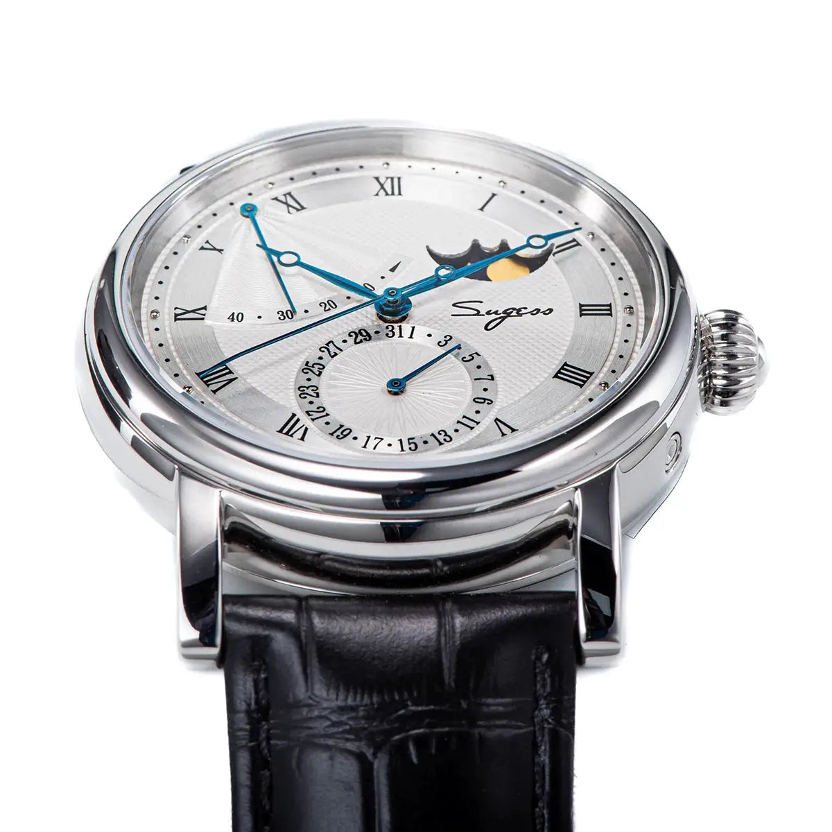 Sugess Moonphase men's wristwatch with blue hands, silver case, Roman numerals, date subdial, black leather strap