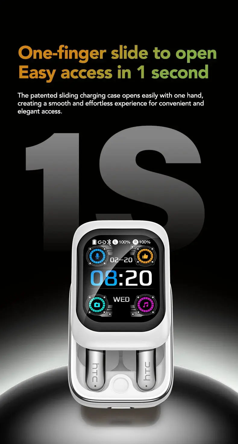 HTC NE48 TWS Wireless Earbuds in white charging case with built-in touchscreen display, 2 earbuds