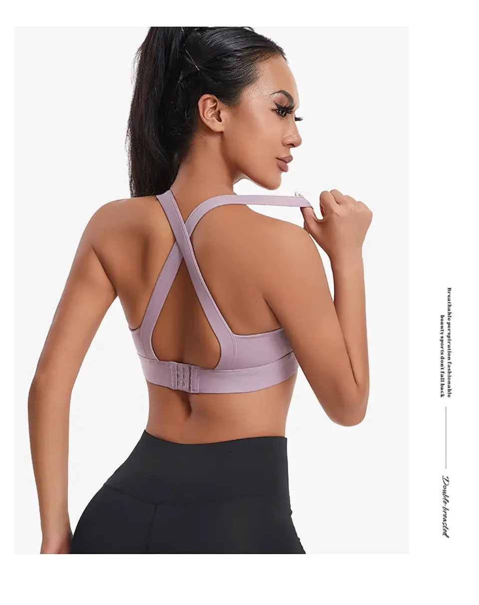 Women's high-impact sports bra with criss-cross back, lavender padded gym top by Simples Market