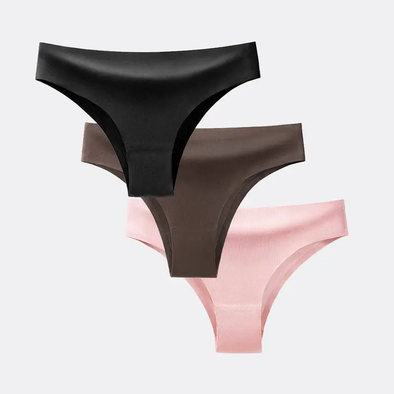 BANNIROU 3-pack women's seamless ice silk T-back panties by Simples Market in black, brown, pink