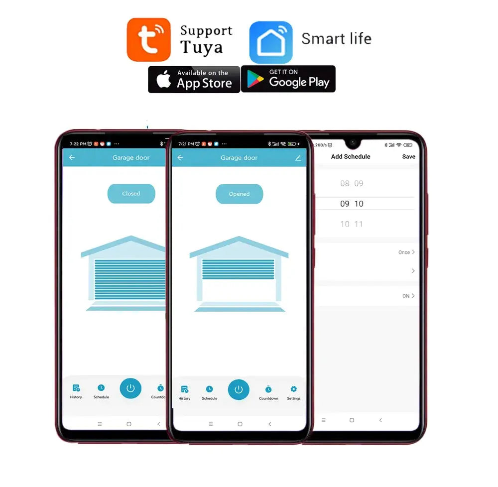 Smart garage door opener by Simples Market shown on three smartphones with Tuya Smart Life app icons.