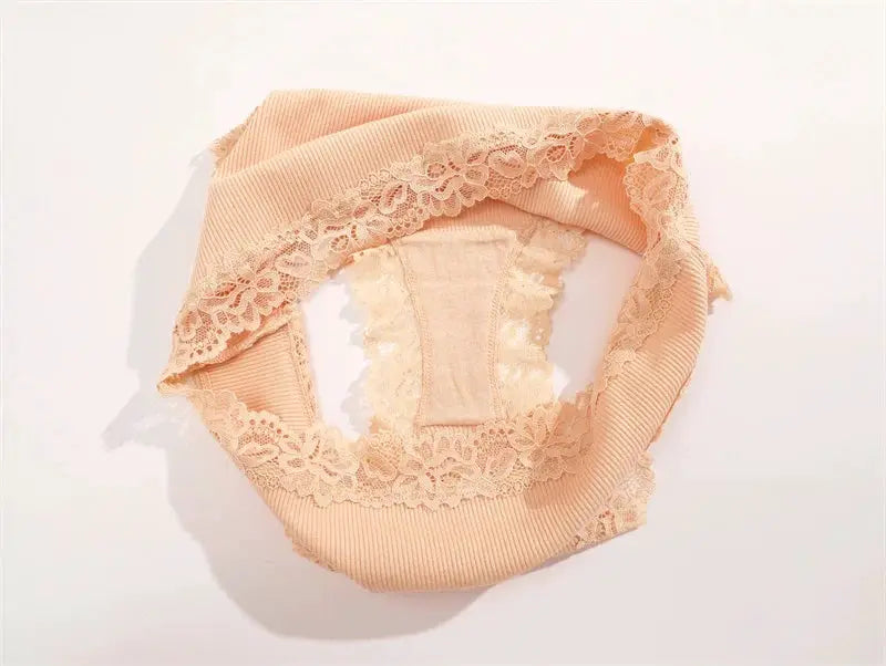 3-piece Simples Market women's lace cotton panties set in peach with floral lace trims, seamless low-rise briefs