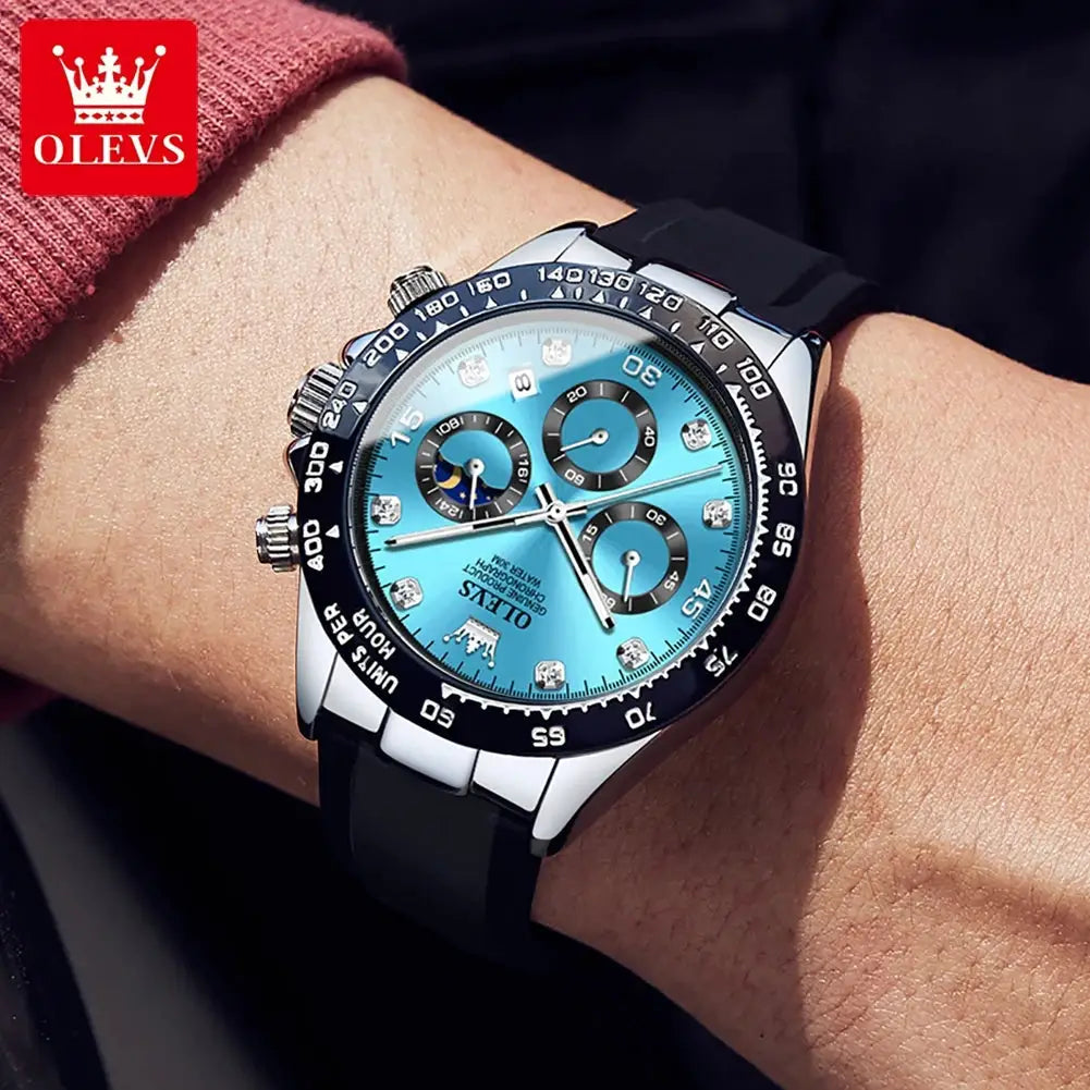 Men's OLEVS 2875 quartz chronograph watch with blue dial and silicone strap