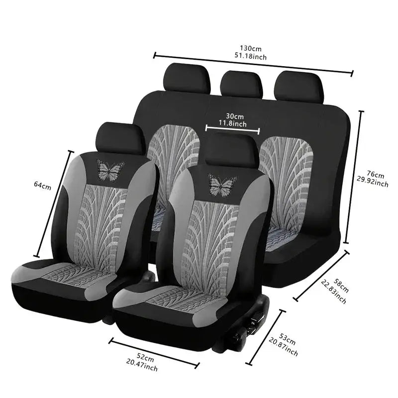 Car seat cover full set by Simples Market, black-gray butterfly embroidery, universal fit for front and rear seats