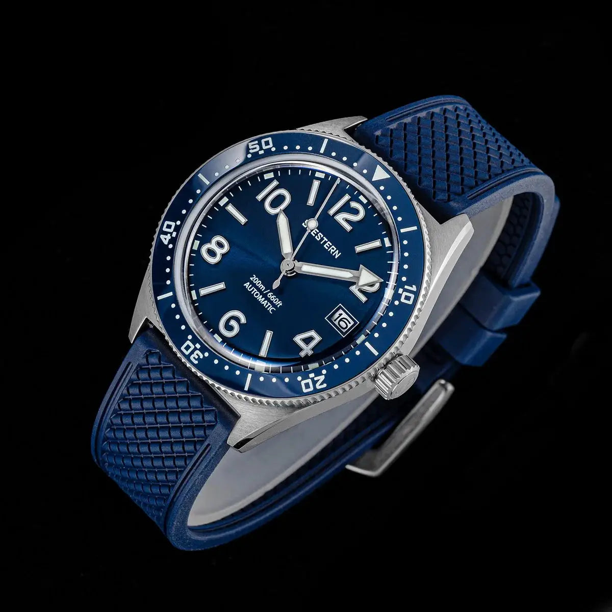 SEESTERN Diver men's automatic wristwatch with blue dial, blue bezel, stainless steel case and blue rubber strap