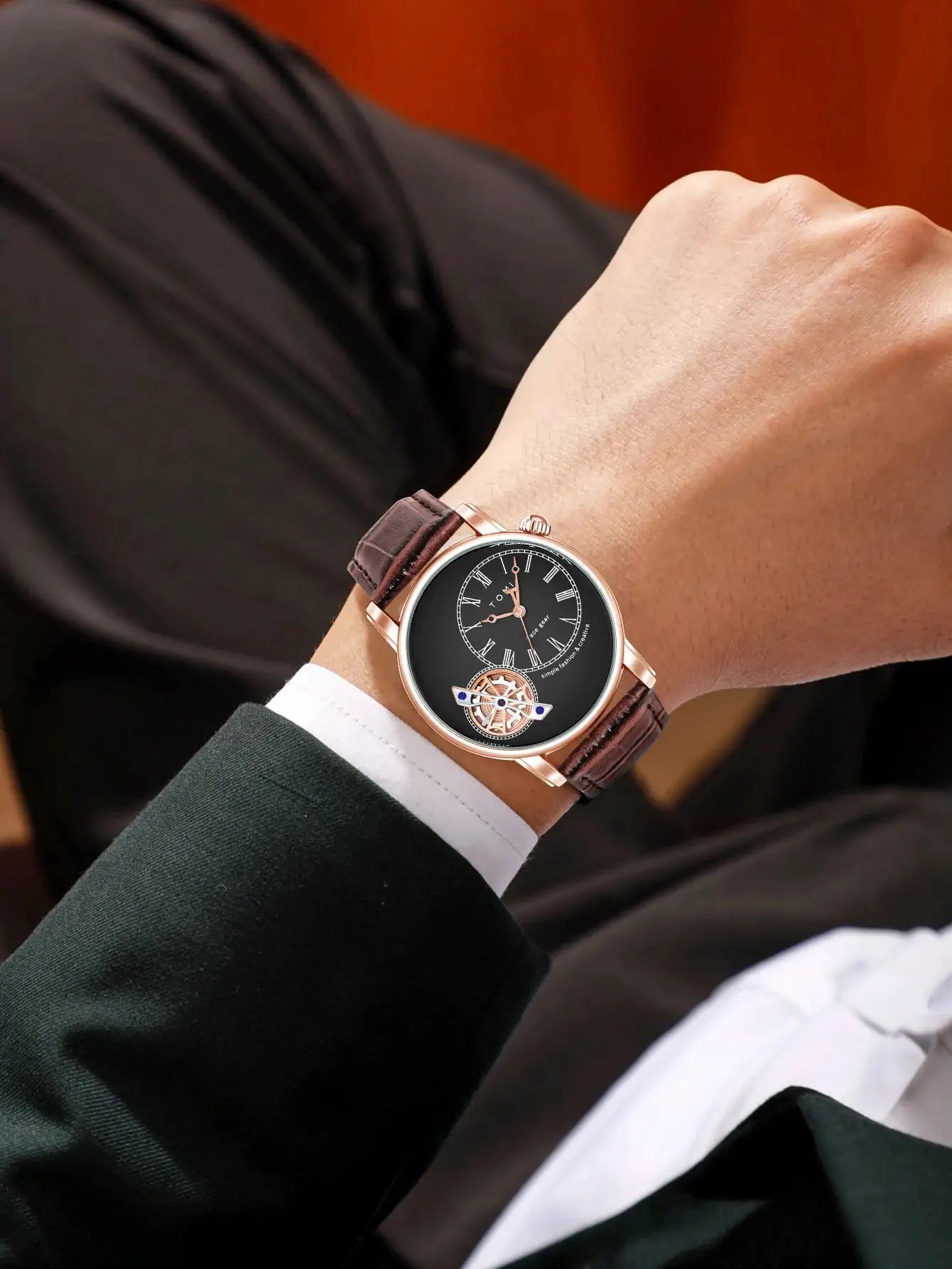 TOMI men's quartz watch by Simples Market with rose-gold case and brown leather strap