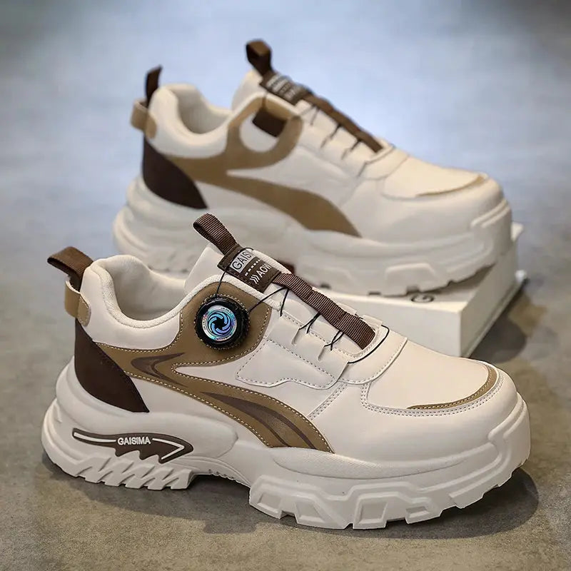 Men's white sneakers with tan-brown overlays and thick chunky sole, GAISIMA logo visible