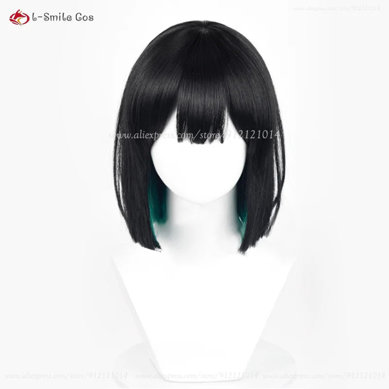 Anime Sua cosplay wig, 30cm, black with teal-green highlights, heat-resistant synthetic hair