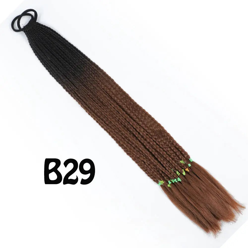 Synthetic gradient braided ponytail extension, black to brown, 24 inches long with elastic band