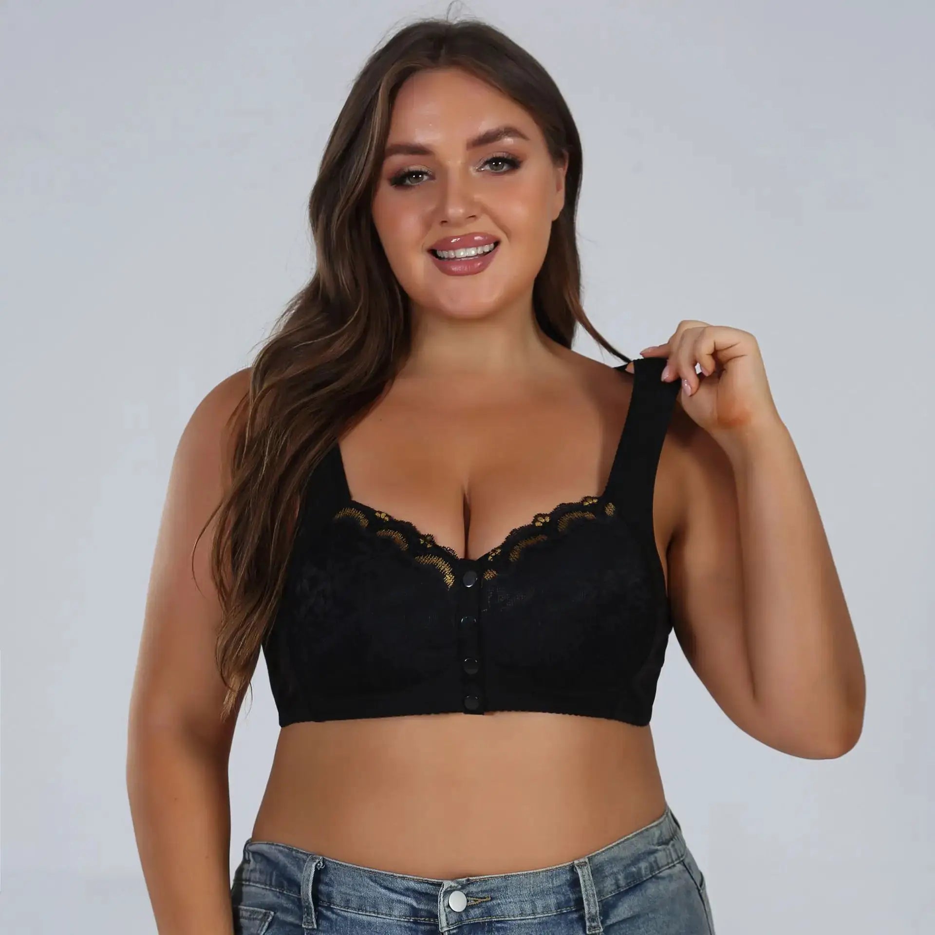 Black lace bralette with front-closure, soft cotton thin cups, no underwire