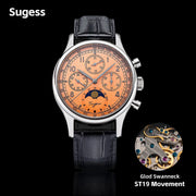 Sugess men's chronograph wristwatch with orange dial, silver case, black leather strap, moonphase subdial.