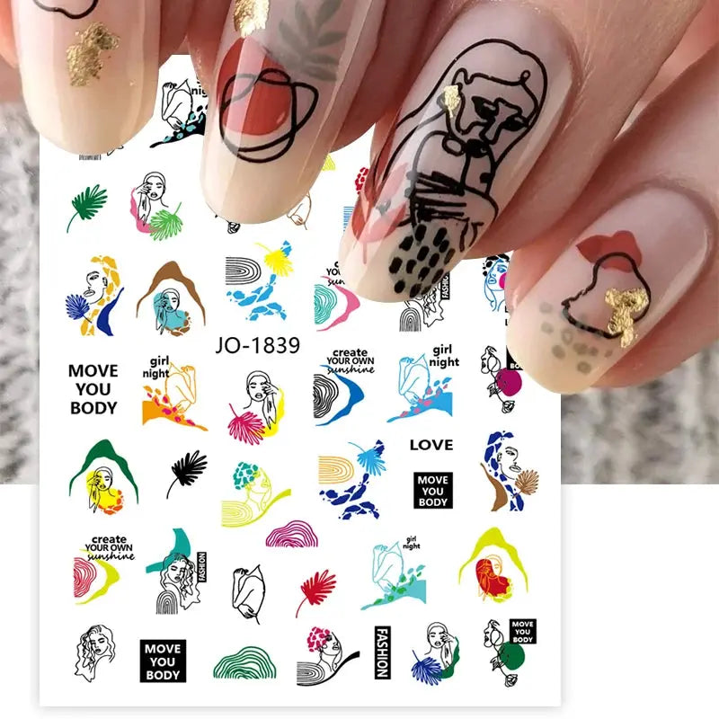 Nail art decals sheet by Simples Market; 1 piece with colorful geometric lines and floral designs with gold foil