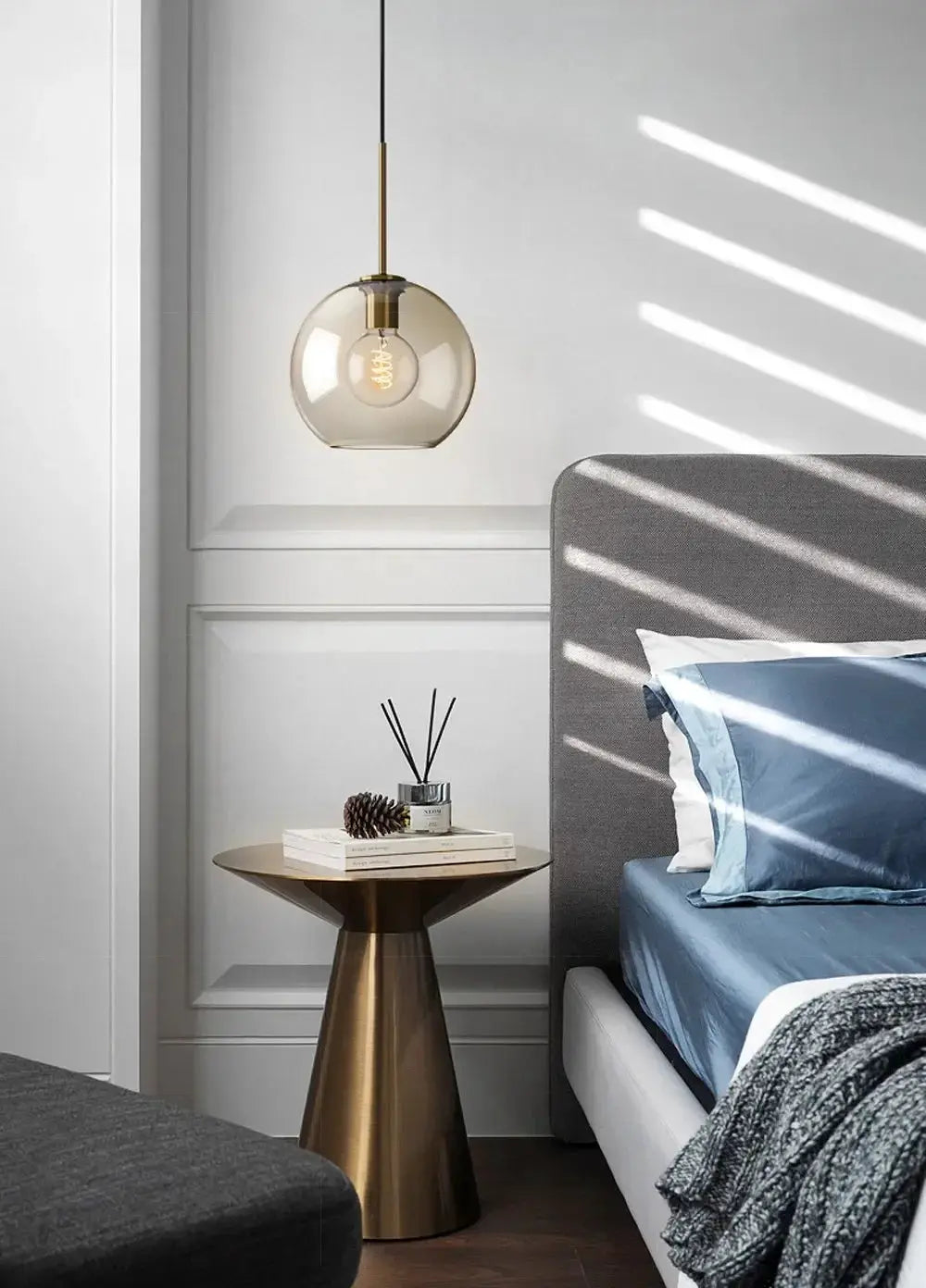 Nordic LED glass chandelier pendant light; single amber glass globe with brass fitting for modern bedroom.