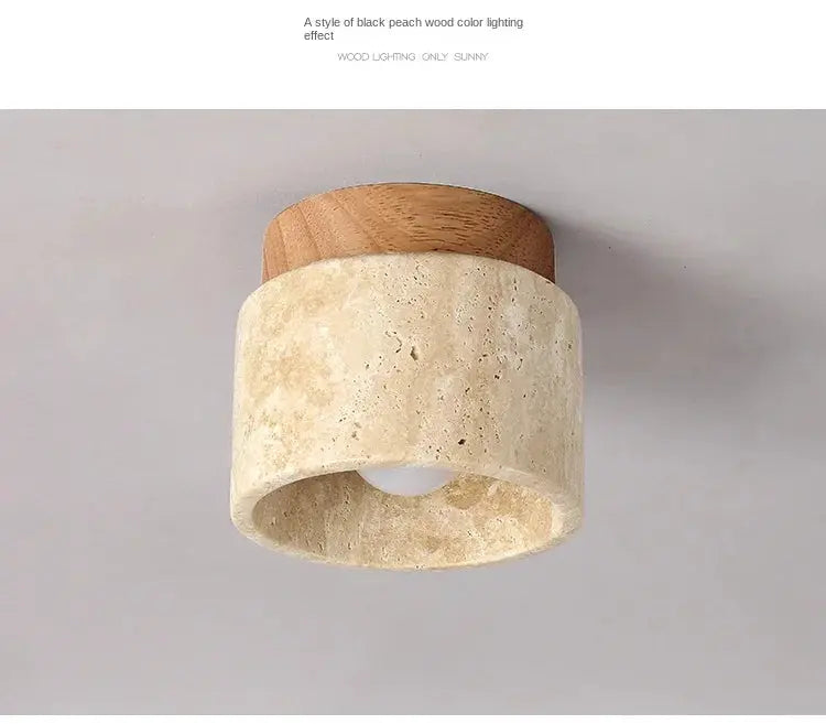 Simples Market LED ceiling lamp, surface-mounted round downlight with beige stone shade and wooden top.