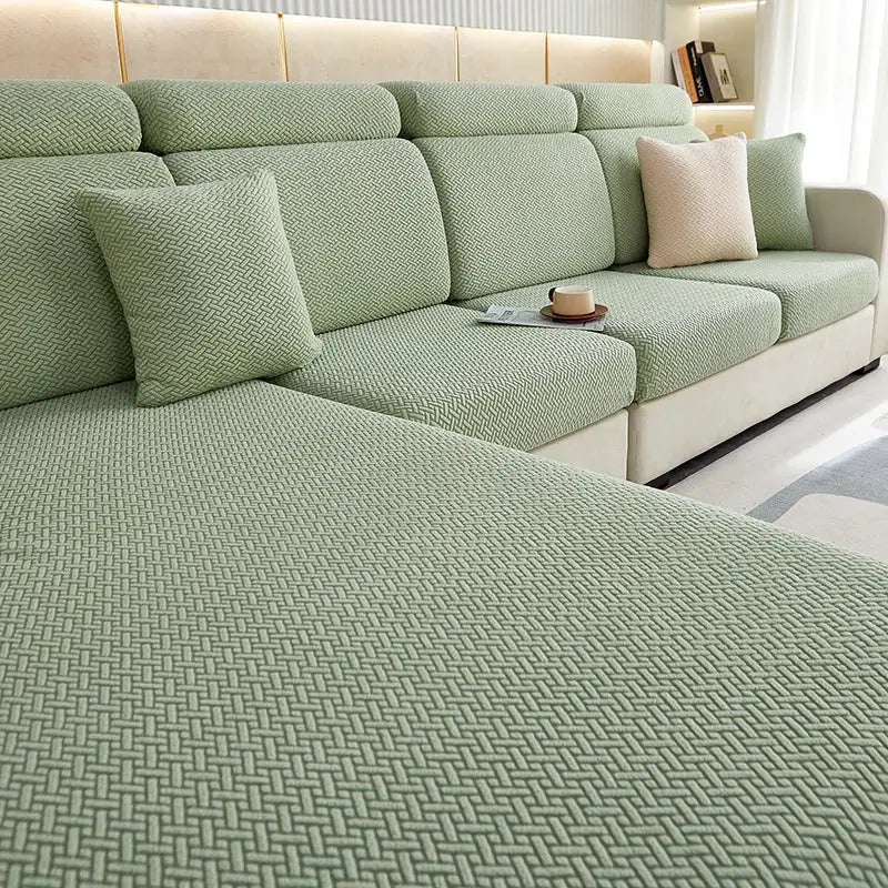 Sofa seat cushion cover in green jacquard fabric; thick stretch slipcover by Simples Market
