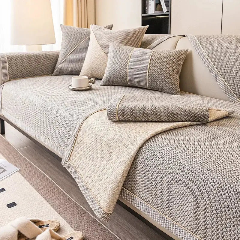 Linen sofa cover set in beige-gray woven cotton with non-slip backing